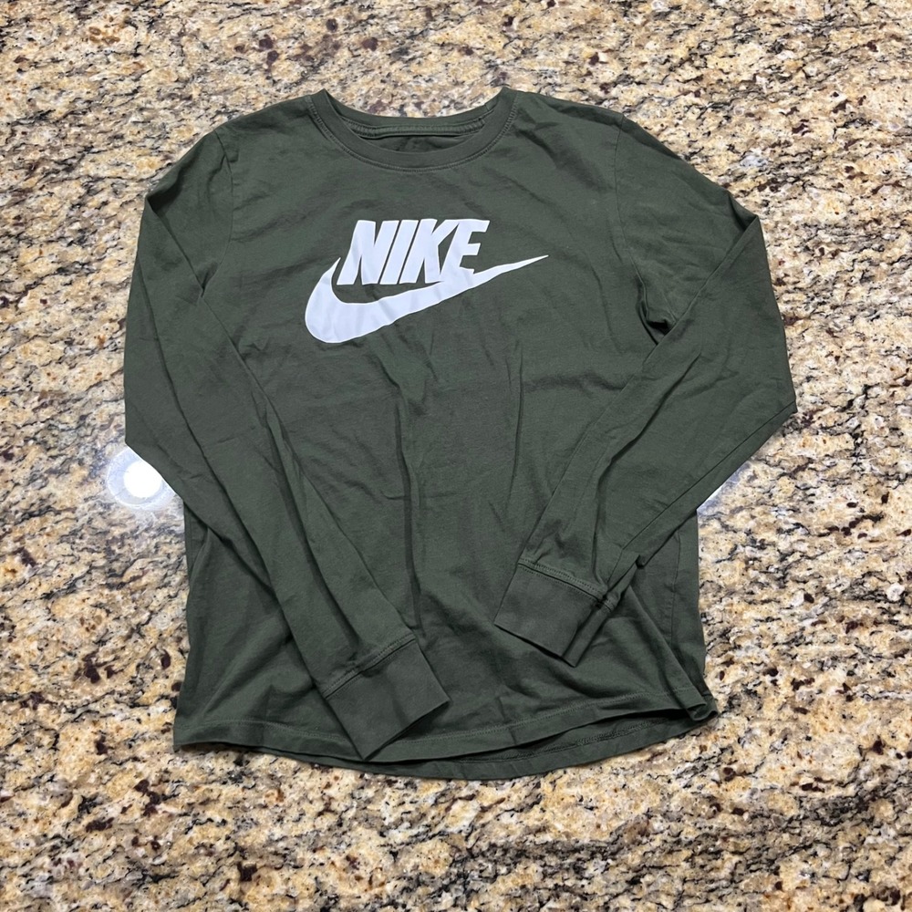 Nike Boys Long Sleeve Graphic Tee Olive Green White Futura Logo Shirt XS